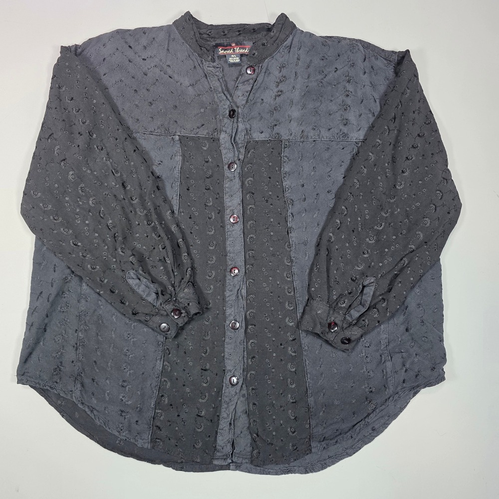 Sacred Threads Button Up Women Patchwork Eyelet Boho Top Black M/L